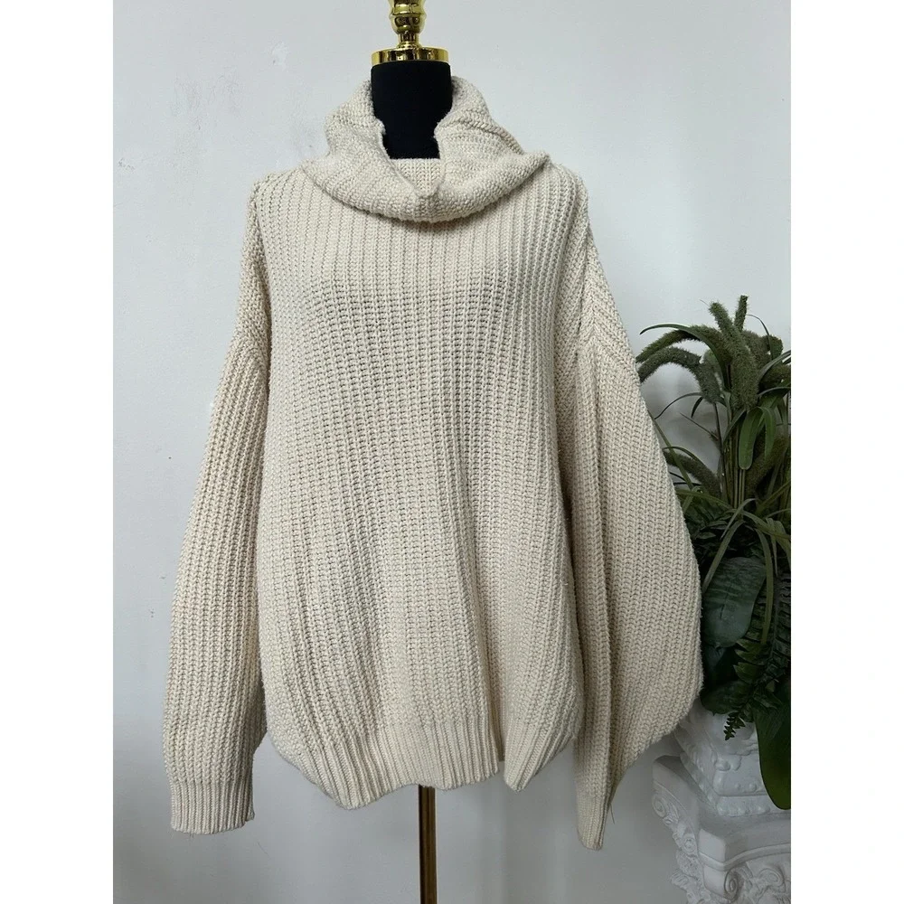 Free People Swim Too Deep Sweater L Ivory Chunky Knit Oversized Slouchy Cozy